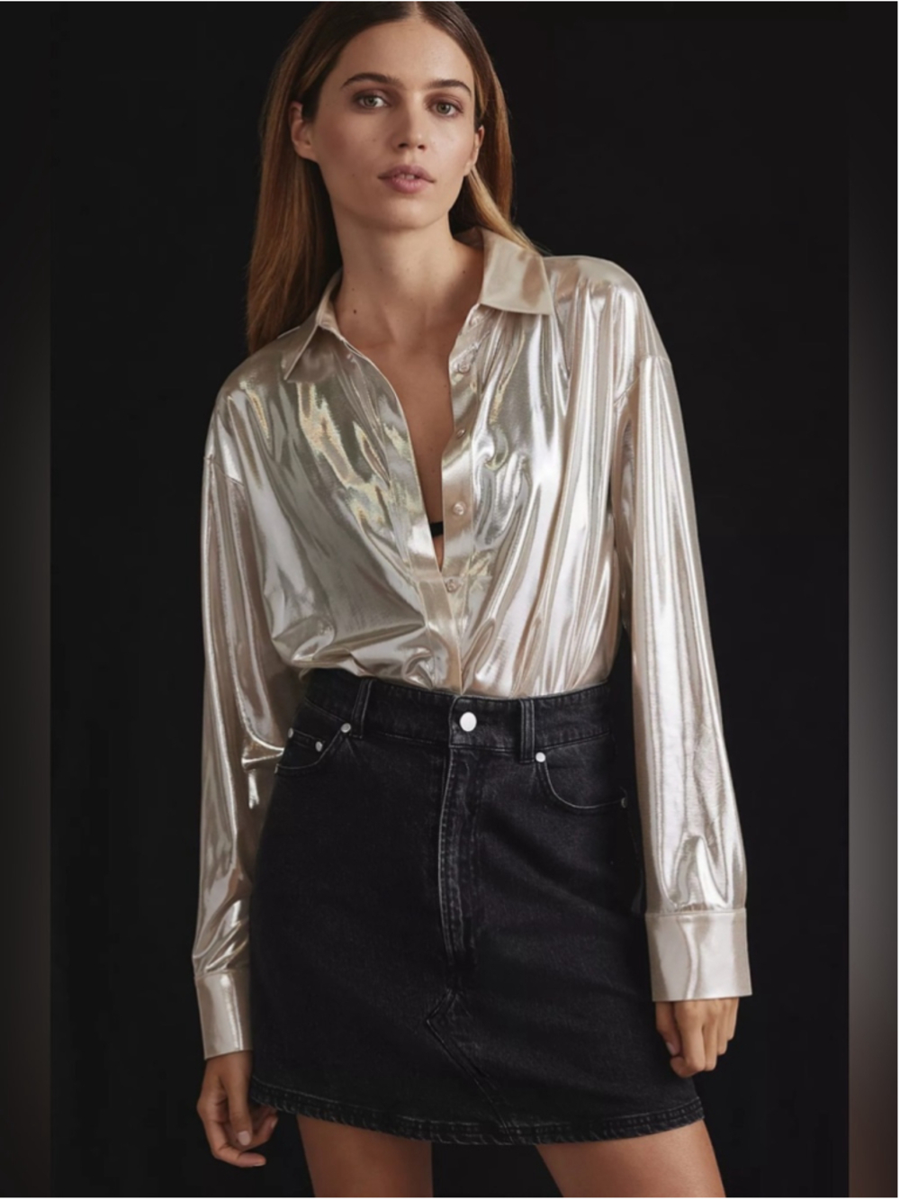 Anthropologie The Gillian Liquid Shine Buttondown Shirt Size XS Champagne Colour